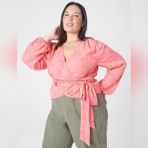 Lane Bryant Sheer Wrap Blouse Coral Long Sleeve Crop Top Womens 14 NWT